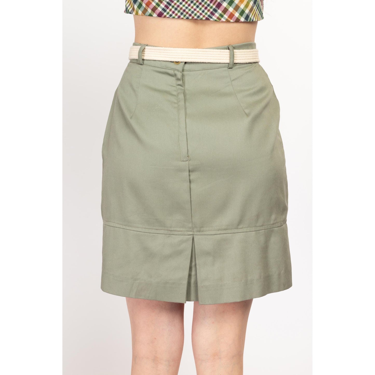 Medium 70s 80s Sage Green Belted Mini Skirt 29" | Vintage Secretary A Line Miniskirt