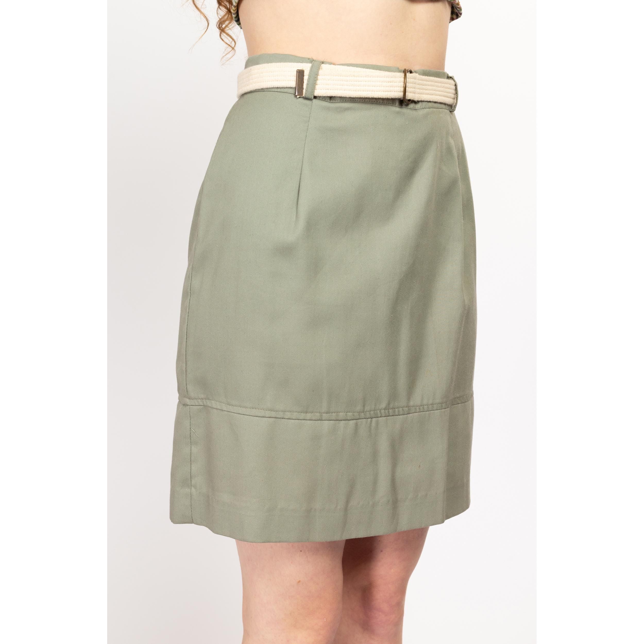 Medium 70s 80s Sage Green Belted Mini Skirt 29 Flying Apple Vintage