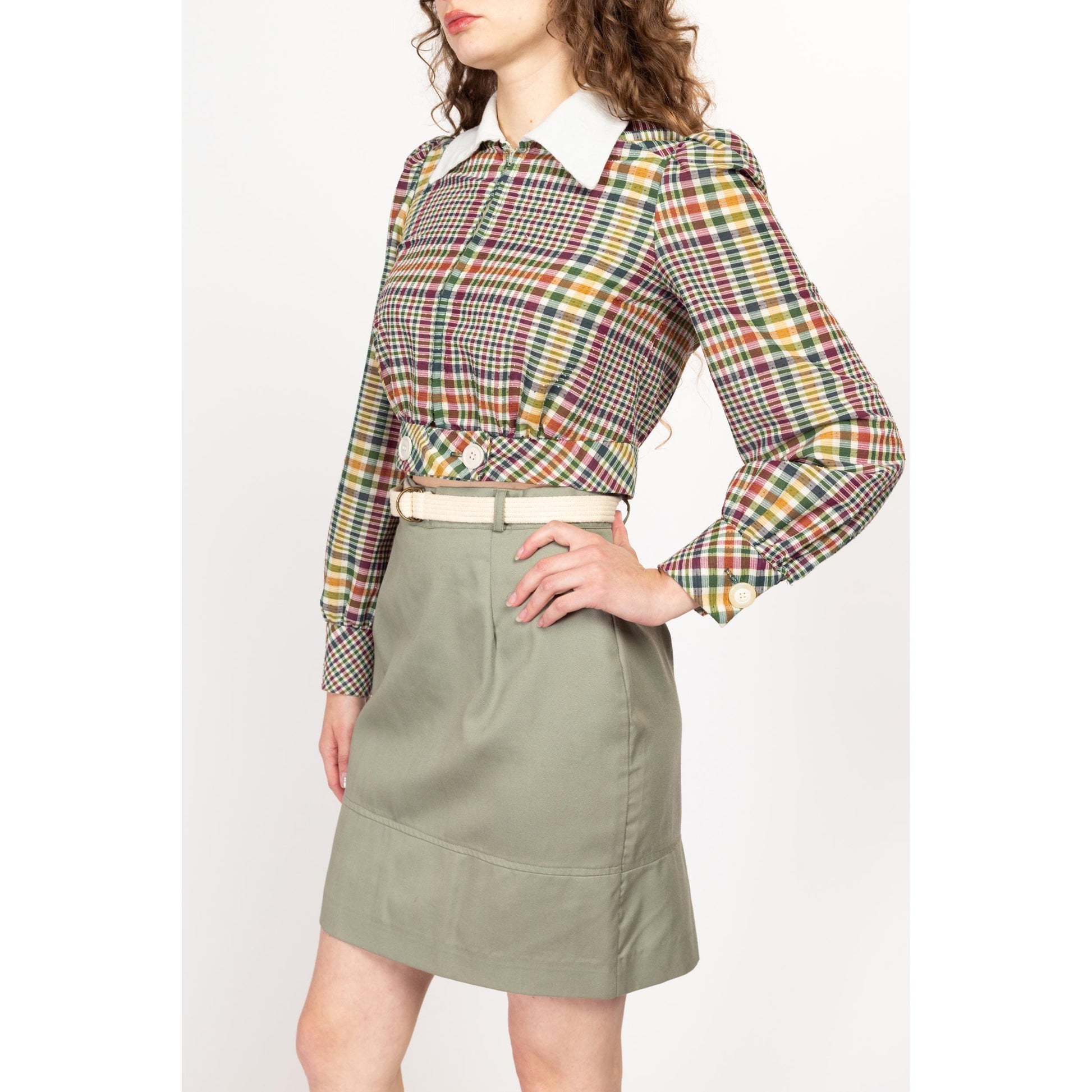 Medium 70s 80s Sage Green Belted Mini Skirt 29" | Vintage Secretary A Line Miniskirt