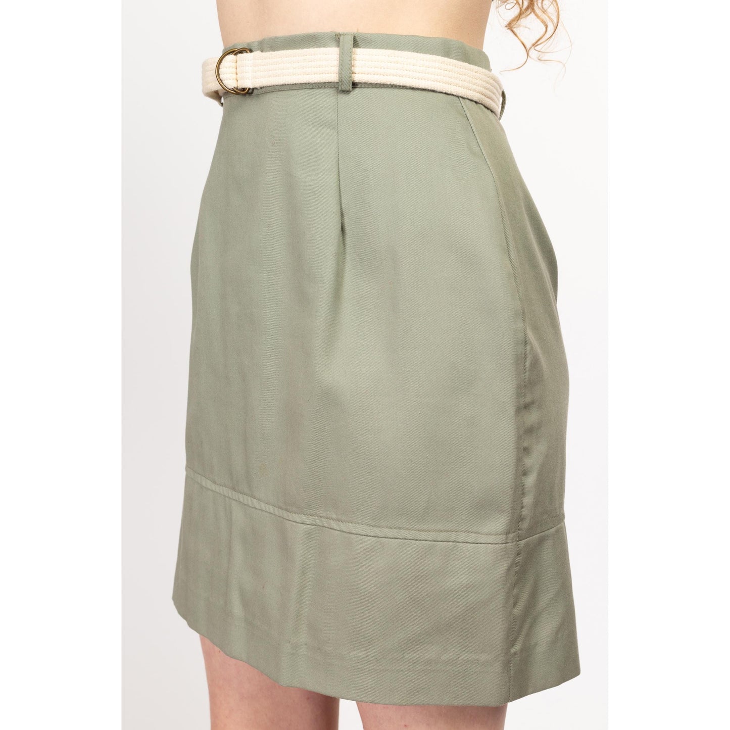 Medium 70s 80s Sage Green Belted Mini Skirt 29" | Vintage Secretary A Line Miniskirt