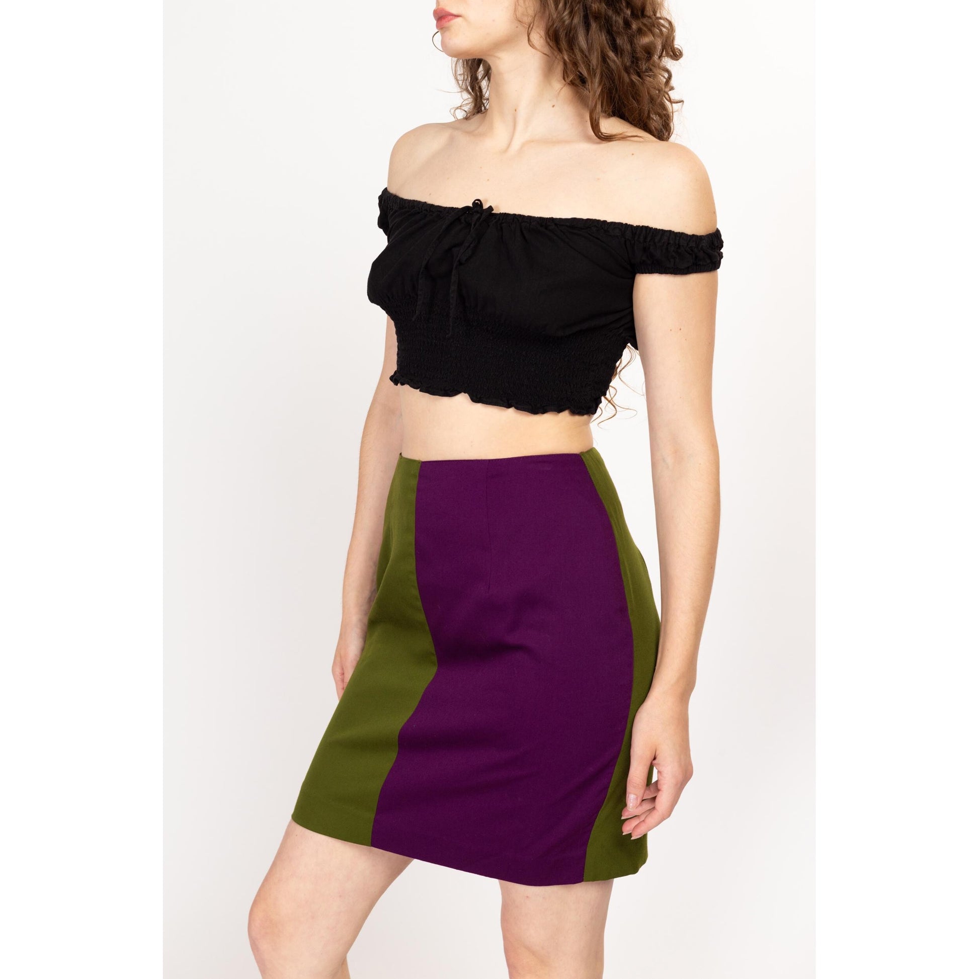 Medium 90s Green & Purple Color Block Mini Skirt | Vintage Two Tone High Waisted Pencil Miniskirt