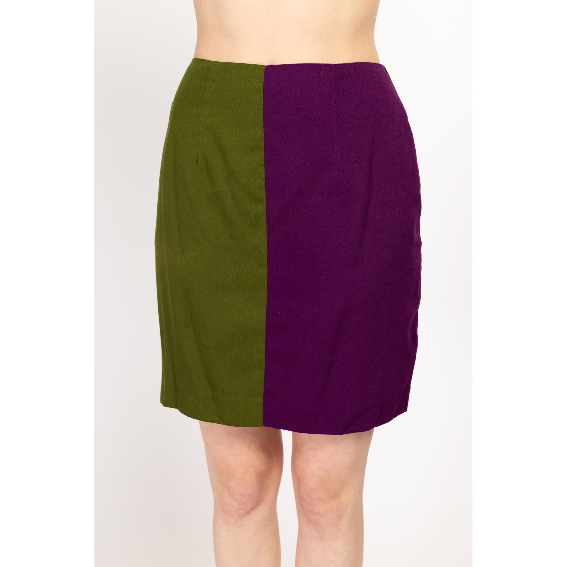 Medium 90s Green & Purple Color Block Mini Skirt | Vintage Two Tone High Waisted Pencil Miniskirt