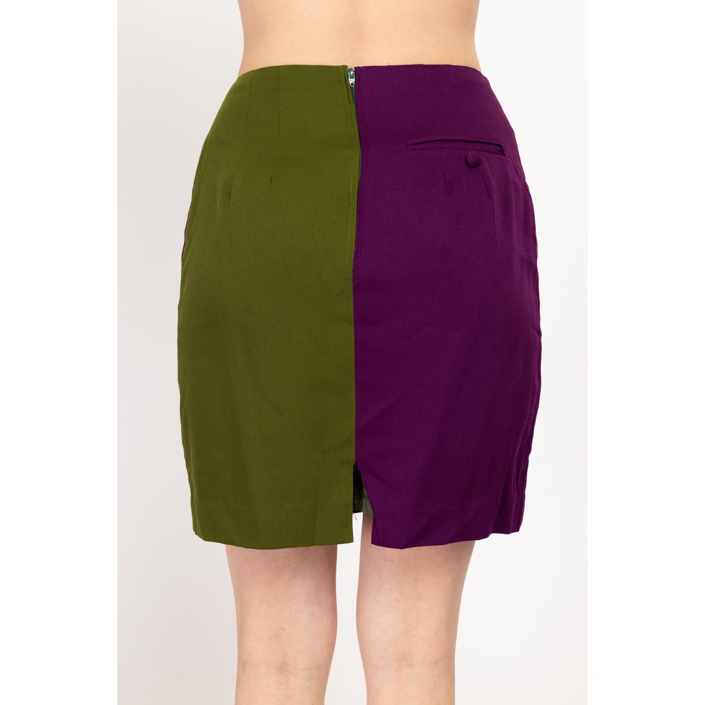 Medium 90s Green & Purple Color Block Mini Skirt | Vintage Two Tone High Waisted Pencil Miniskirt