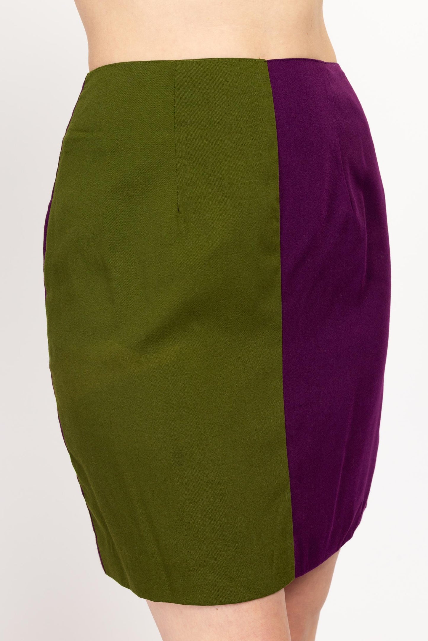 Medium 90s Green & Purple Color Block Mini Skirt | Vintage Two Tone High Waisted Pencil Miniskirt