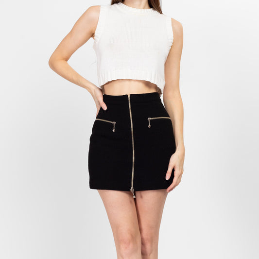 Small Y2K Black Knit Zip Up Mini Skirt 27" | Vintage High Waisted Wool Blend Pencil Miniskirt