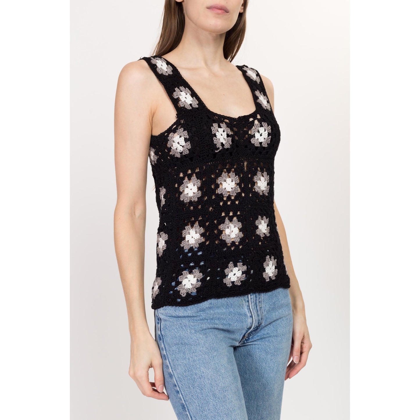 Small 90s Black & White Granny Square Crochet Knit Top | Vintage Boho Sleeveless Scoop Neck Tank