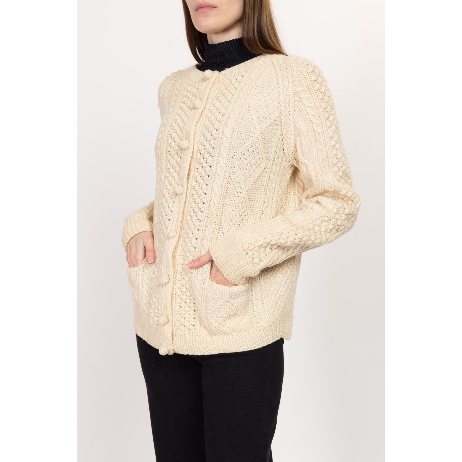 Medium 70s Cream Wool Cable Knit Bauble Button Cardigan | Vintage Button Up Pocket Fisherman Sweater