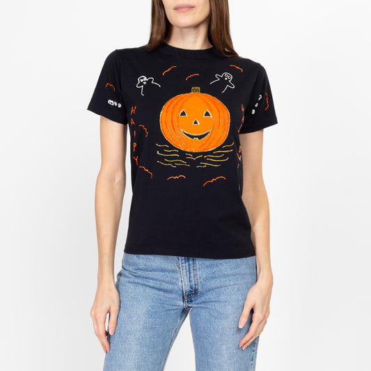 XS-Sm 90s Black Jack-O-Lantern Painted Tee | Vintage Halloween Graphic T Shirt