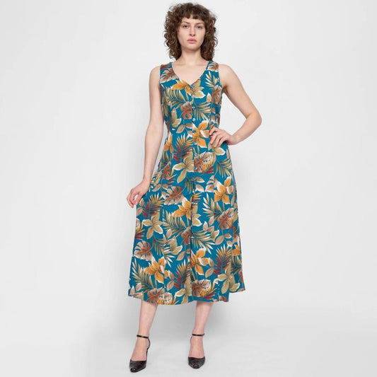 90s Blue Tropical Floral Sundress - Medium