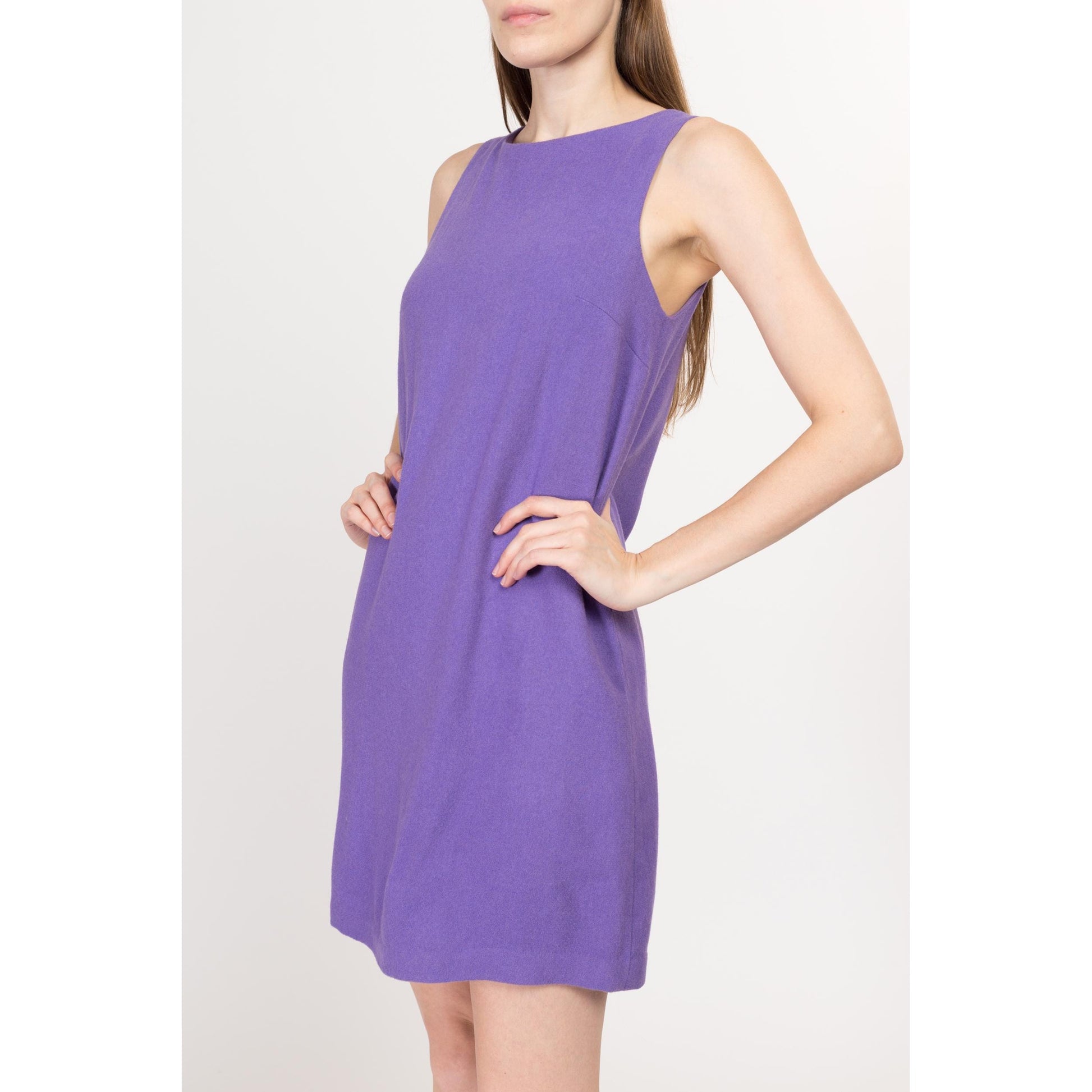 XS 90s Hugo Buscati Purple Wool Mini Cocktail Dress | Vintage Minimalist Sleeveless Shift Party Dress