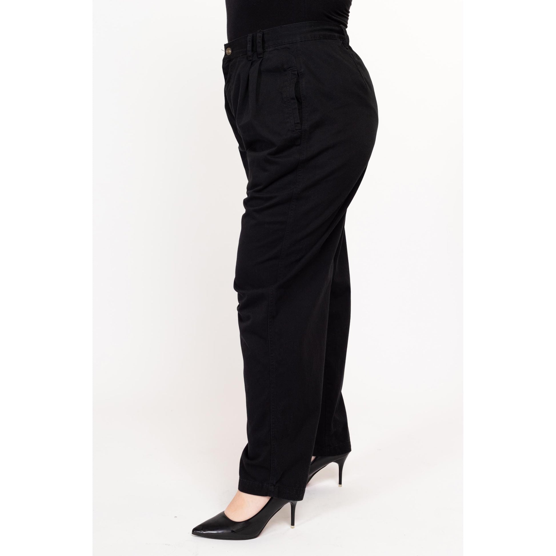 Lrg-XL 90s Black Cotton High Waisted Trousers 32"-36" | Vintage Gloria Vanderbilt Pleated Tapered Leg Minimalist Baggy Pants