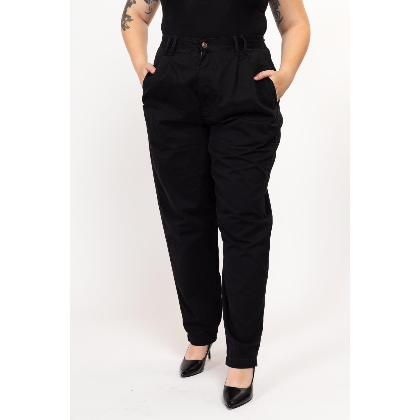 Lrg-XL 90s Black Cotton High Waisted Trousers 32"-36" | Vintage Gloria Vanderbilt Pleated Tapered Leg Minimalist Baggy Pants