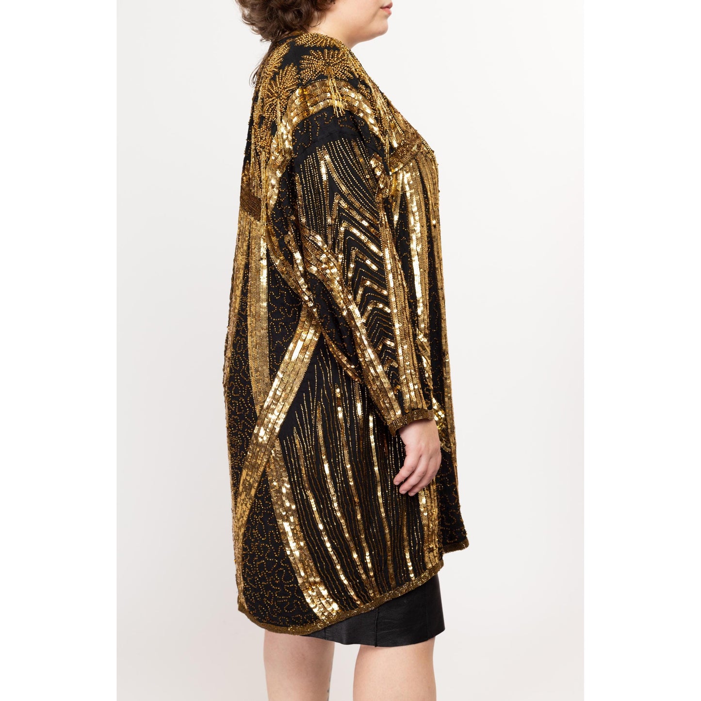 One Size 80s Deco Tan Chho Black & Gold Beaded Silk Jacket | Vintage Long Formal Glam Jacket