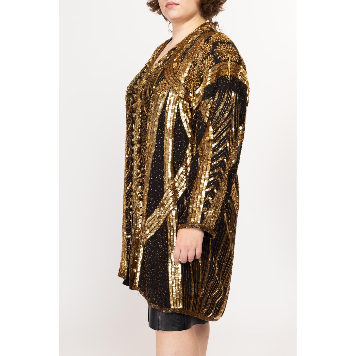 One Size 80s Deco Tan Chho Black & Gold Beaded Silk Jacket | Vintage Long Formal Glam Jacket