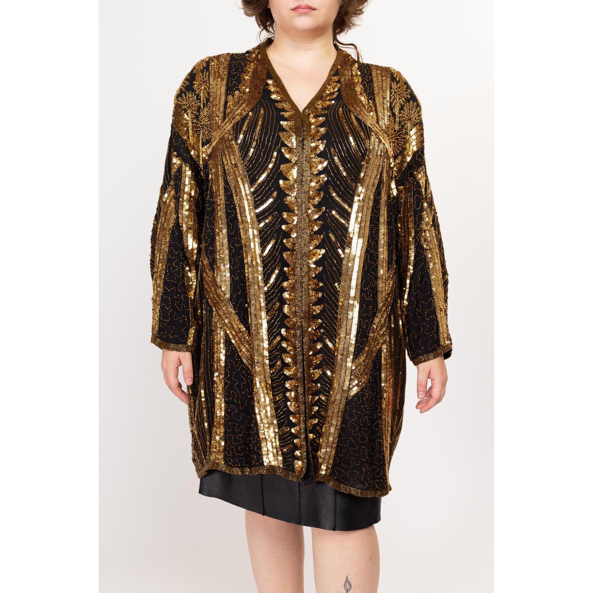 One Size 80s Deco Tan Chho Black & Gold Beaded Silk Jacket | Vintage Long Formal Glam Jacket