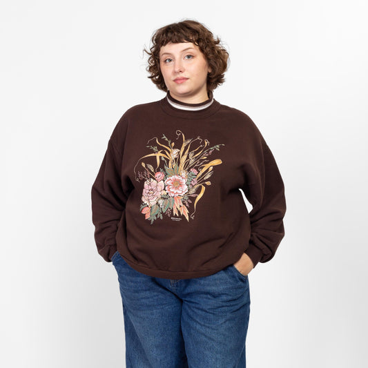 XL 90s Mouse & Flower Graphic Collared Sweatshirt | Vintage Cute Brown Floral Animal Pullover