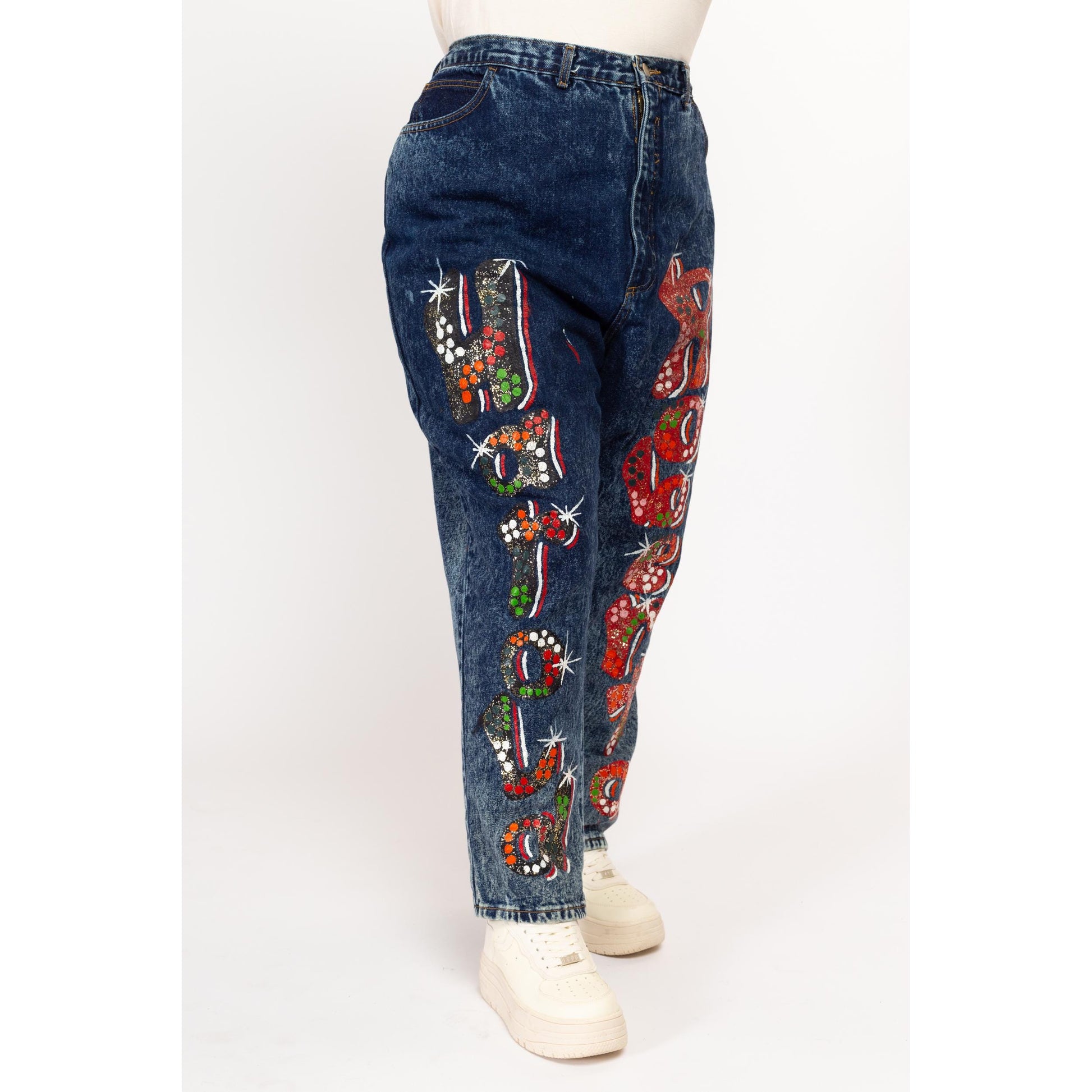 2X 80s Acid Wash Painted Graffiti Jeans 42" | Vintage High Waisted Dark Wash Denim Ankle Zipper Tapered Leg Jeans