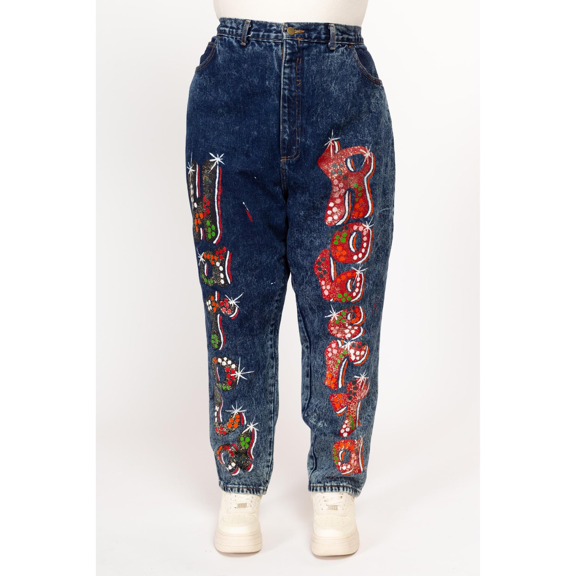 2X 80s Acid Wash Painted Graffiti Jeans 42" | Vintage High Waisted Dark Wash Denim Ankle Zipper Tapered Leg Jeans