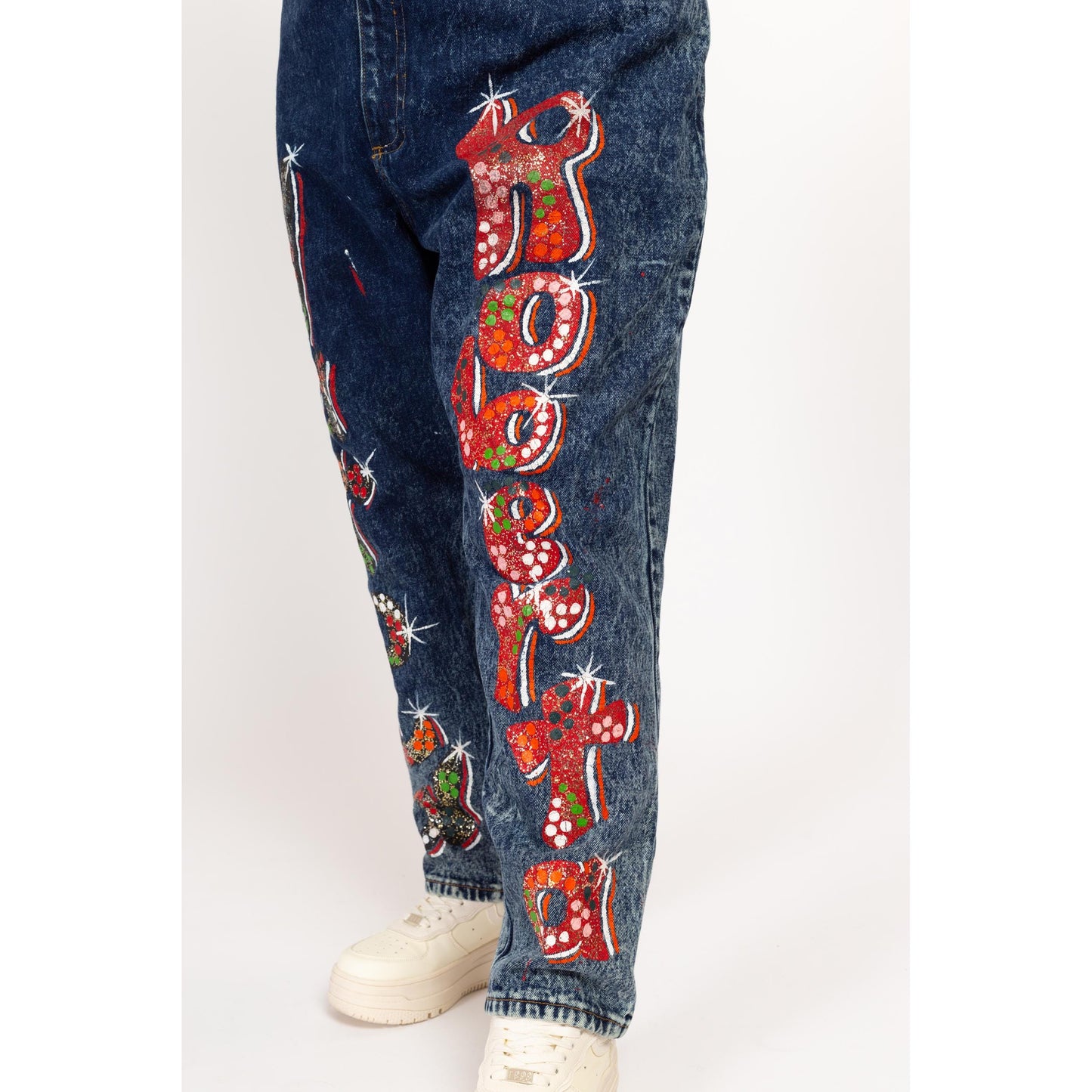 2X 80s Acid Wash Painted Graffiti Jeans 42" | Vintage High Waisted Dark Wash Denim Ankle Zipper Tapered Leg Jeans