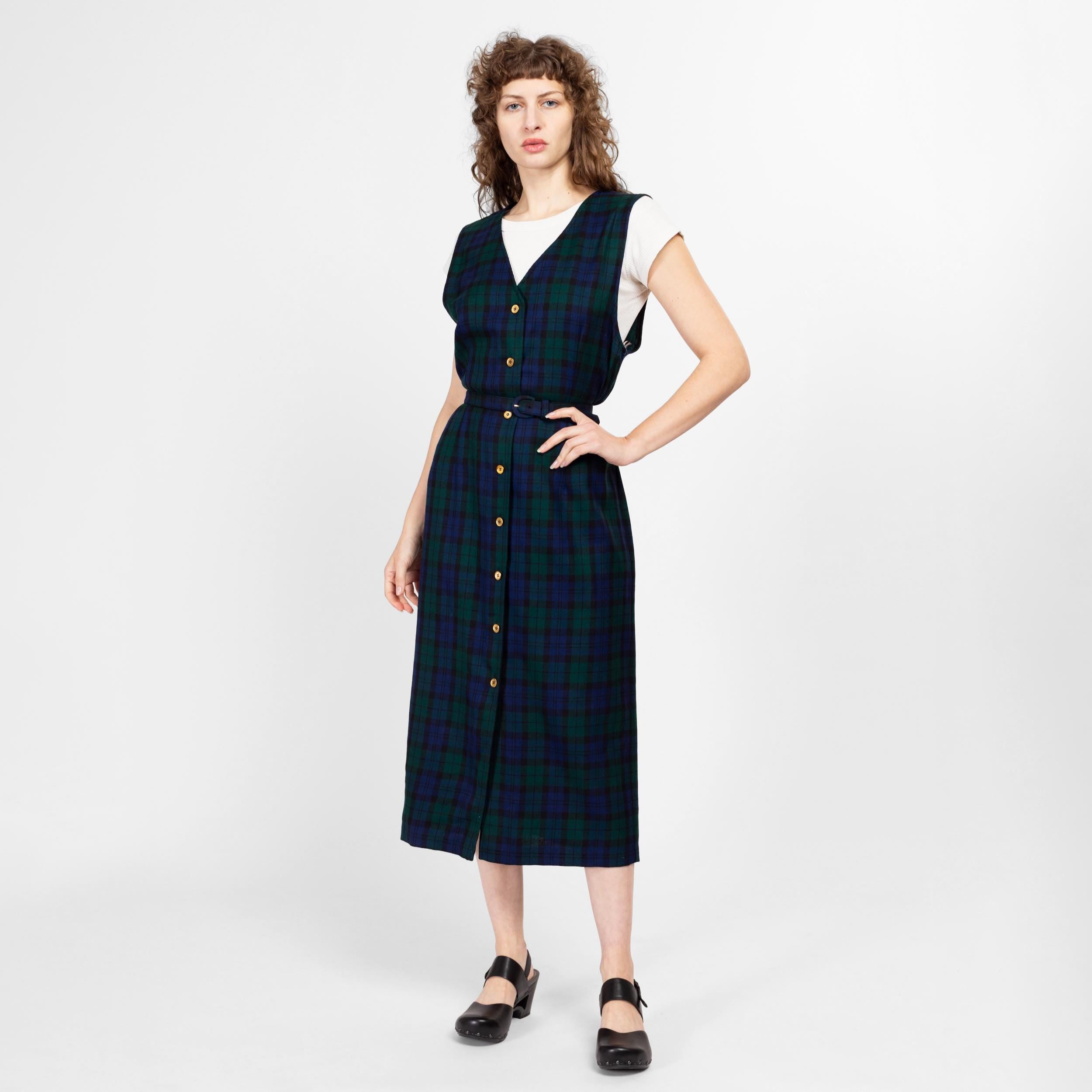 Blue plaid pinafore dress hotsell