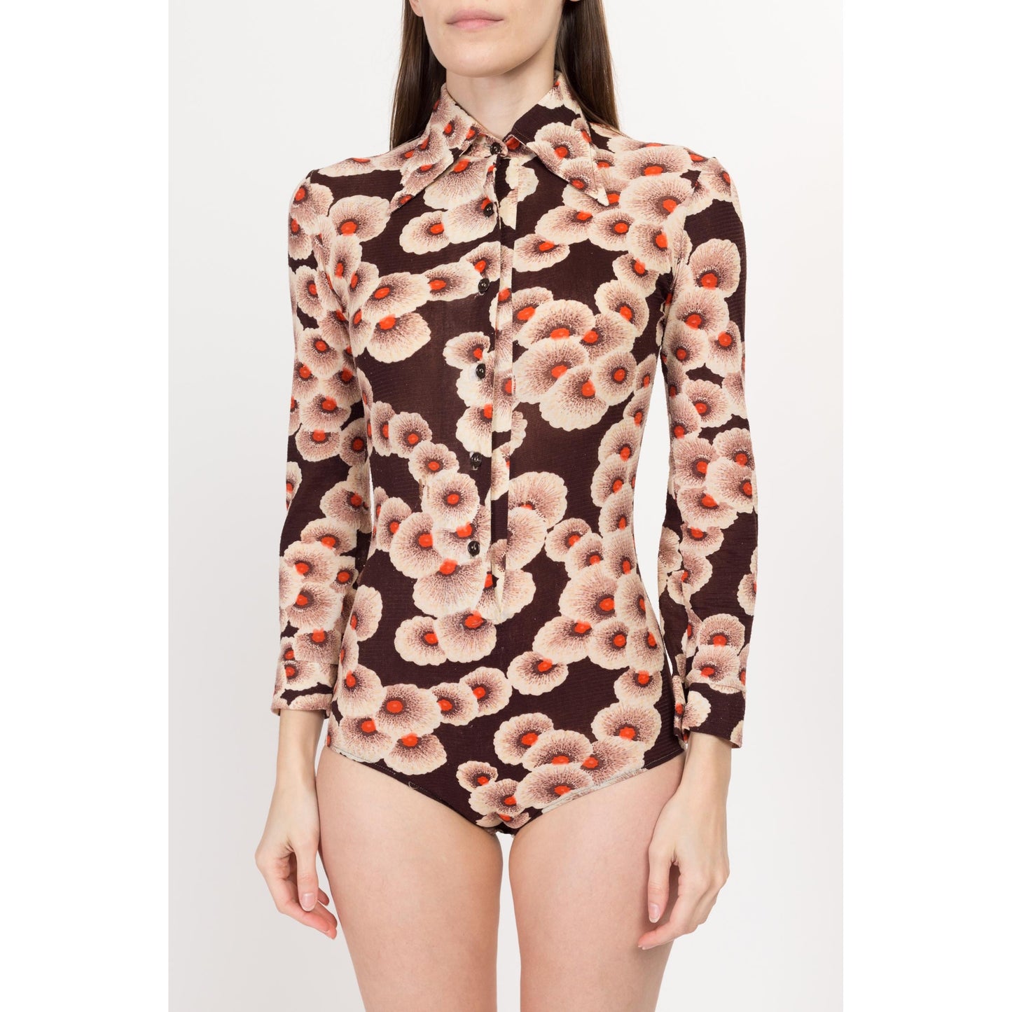 XS 70s Brown Poppy Floral Collared Bodysuit Top | Vintage Gauzy Long Sleeve Button Disco Shirt