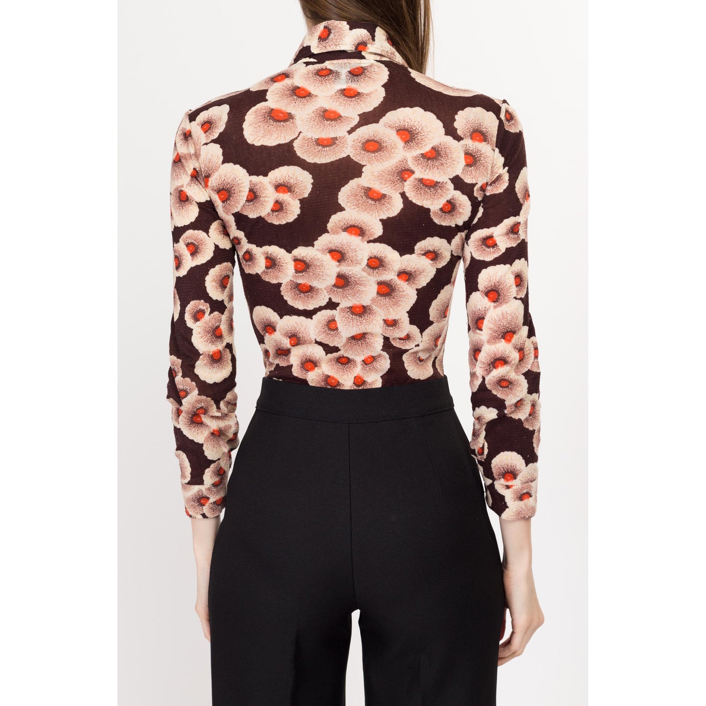 XS 70s Brown Poppy Floral Collared Bodysuit Top | Vintage Gauzy Long Sleeve Button Disco Shirt