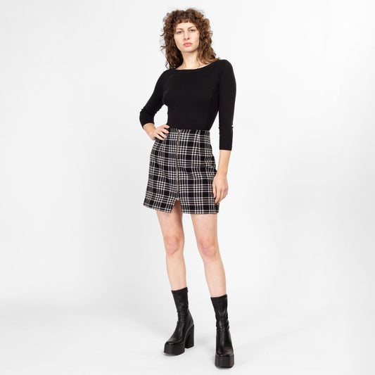 Medium 90s Black & White Plaid Knit Zip Front Mini Skirt 28.5" | Vintage High Waisted A Line Wool Blend Tweed Miniskirt