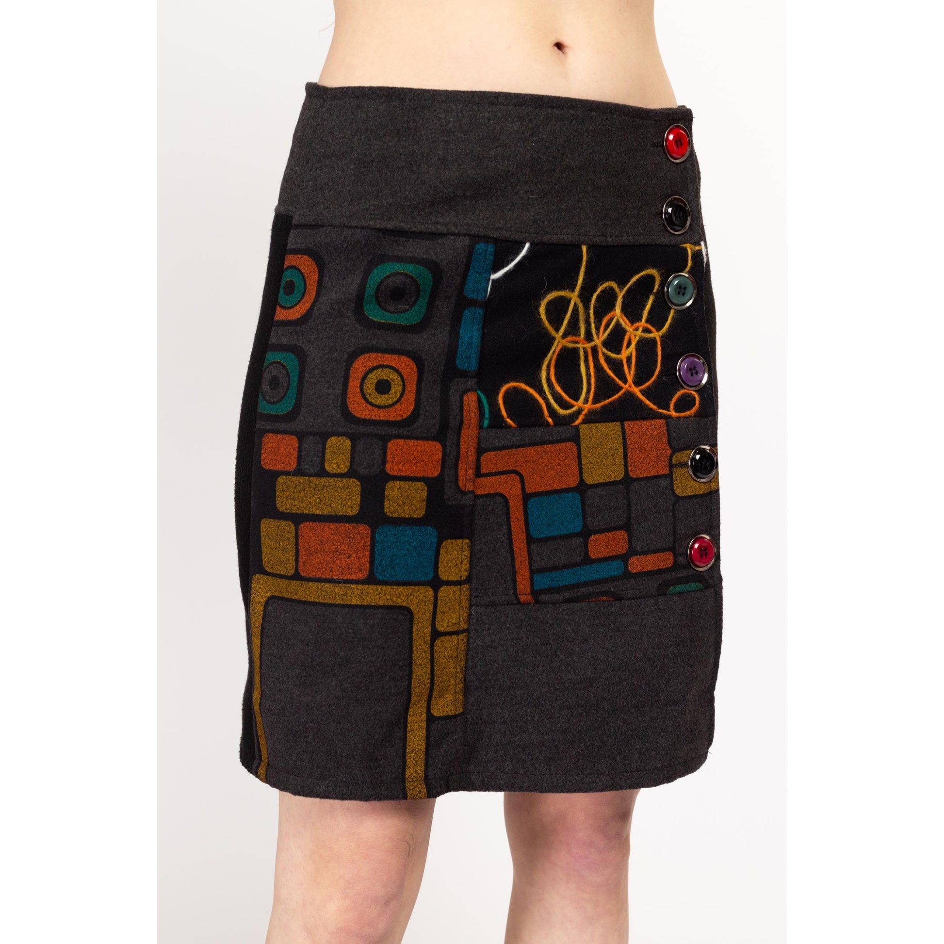 Medium Y2K Boho Graphic Soft Knit Mid Rise Mini Skirt | Vintage Wool Blend Button Front A Line Skirt