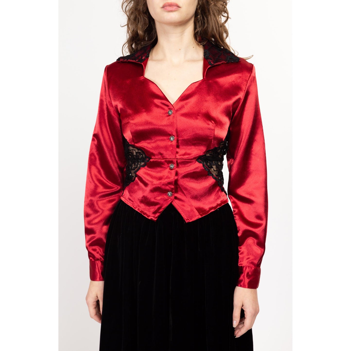 Small 90s Western Red & Black Satin Lace Blouse | Vintage Banjo Texas Long Sleeve Collared Cropped Shirt