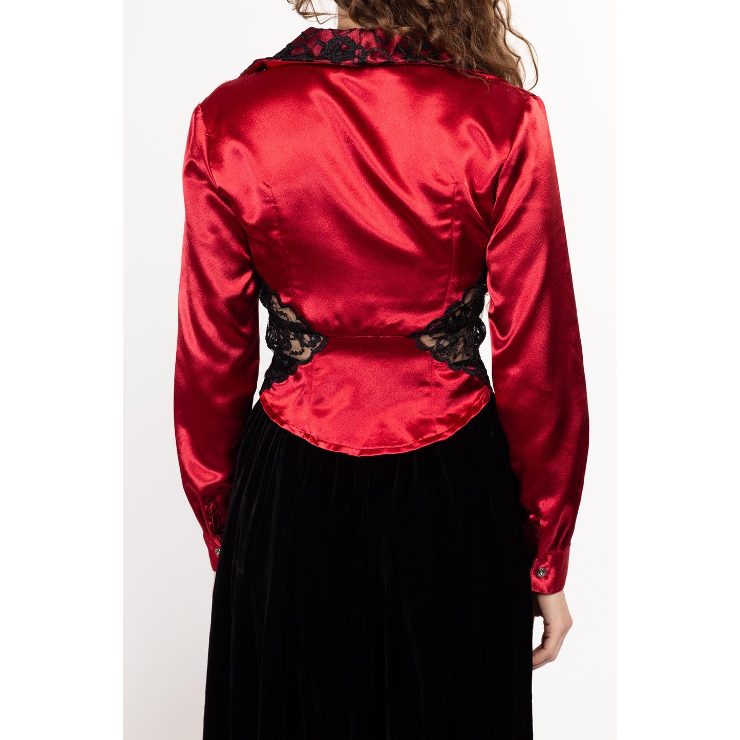 Small 90s Western Red & Black Satin Lace Blouse | Vintage Banjo Texas Long Sleeve Collared Cropped Shirt