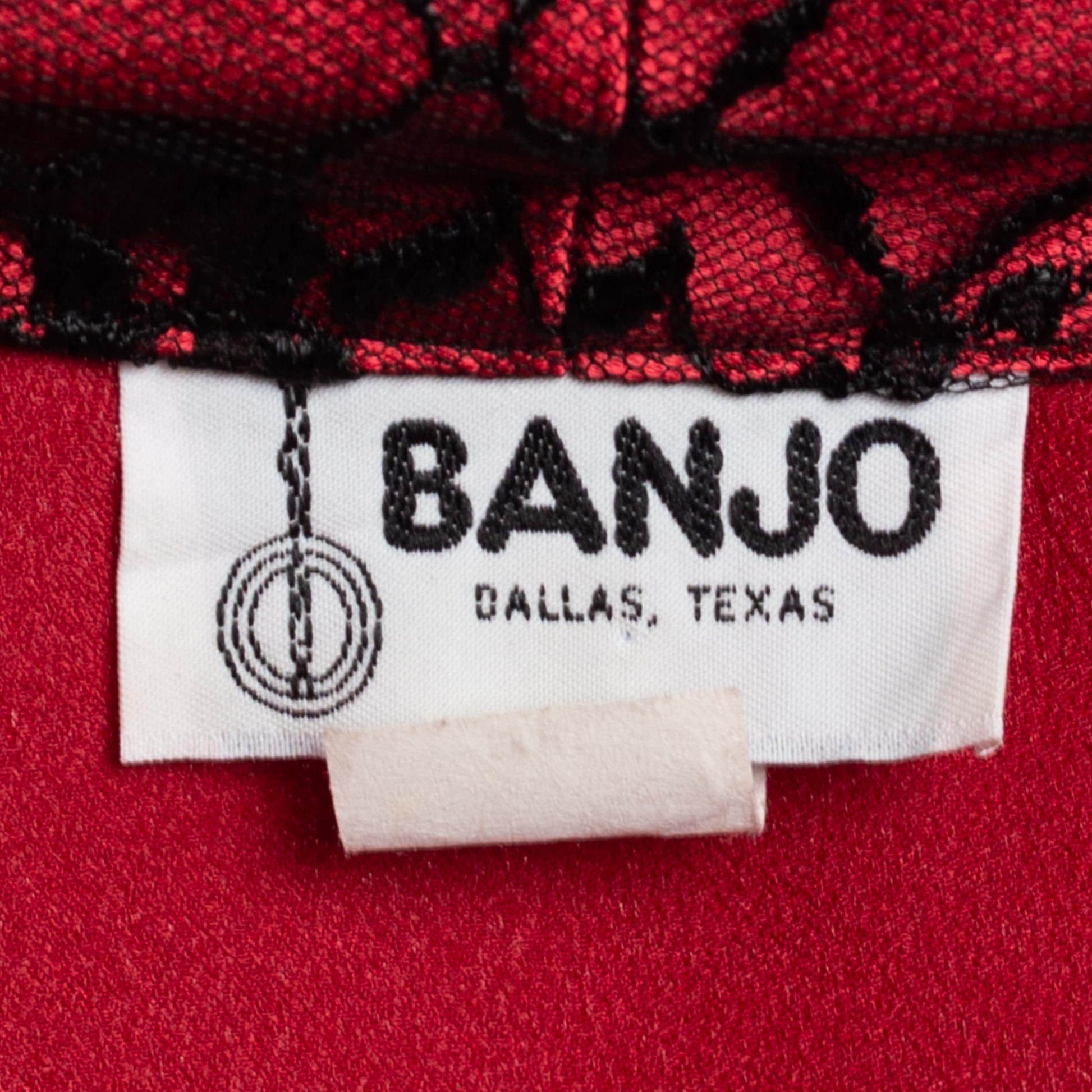 Small 90s Western Red & Black Satin Lace Blouse | Vintage Banjo Texas Long Sleeve Collared Cropped Shirt