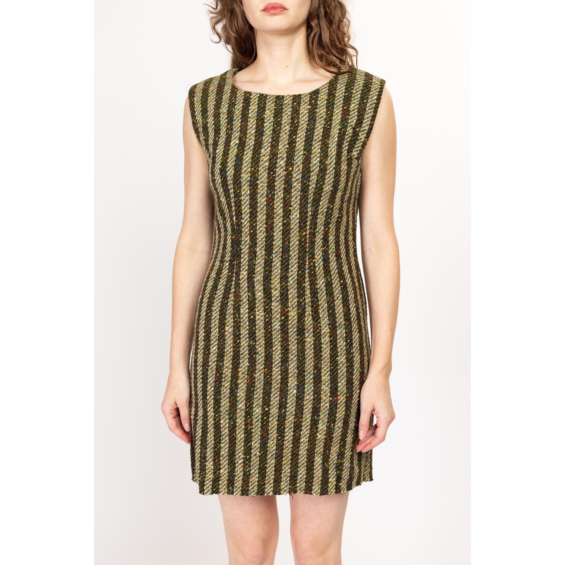 Petite Medium 60s 70s Green Striped Woven Mini Dress | Vintage Rainbow Flecked Knit Mod Sleeveless Sheath Dress