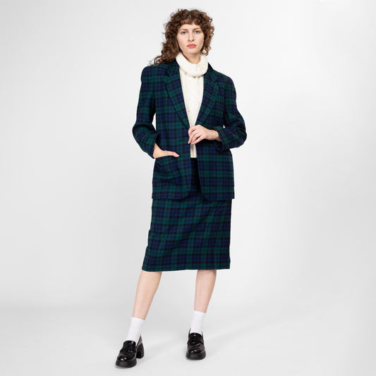 Medium 80s Pendleton Black Watch Tartan Wool Jacket & Midi Skirt Set Size 8 | Vintage Green Navy Blue Plaid Matching Two Piece Blazer Suit