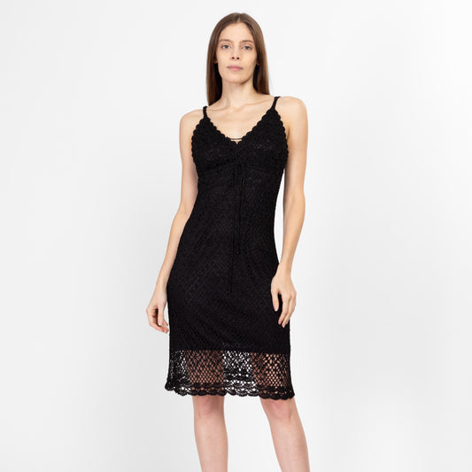 Sm-Med Y2K Black Crochet Bodycon Sundress | Vintage Boho Stretchy Fitted Tank Mini Dress