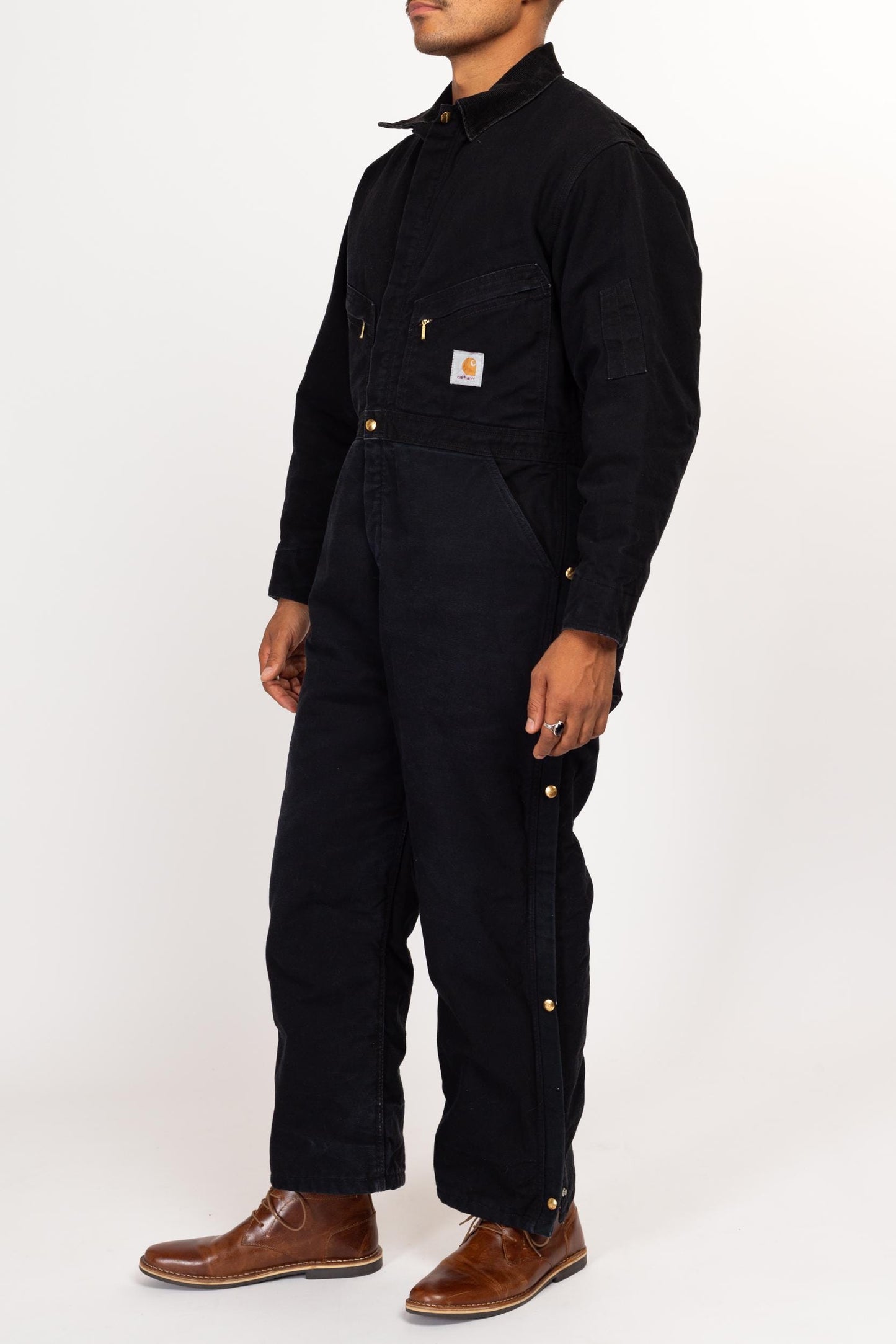 Large 90s Carhartt Made In USA Black Insulated Coveralls 44 Short | Vintage Cotton Duck Canvas Quilt Lined Workwear Zip Front Jumpsuit