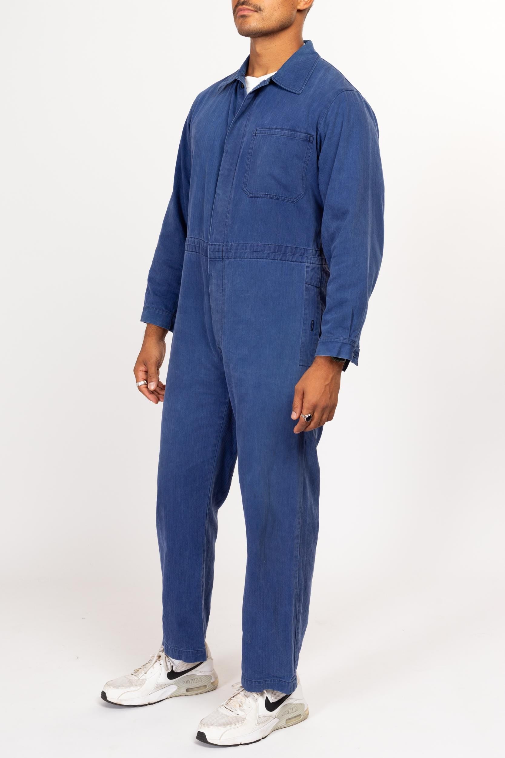 Medium Short 80s Blue Cotton Twill Workwear Coveralls | Vintage Indigo German Military Uniform Jumpsuit