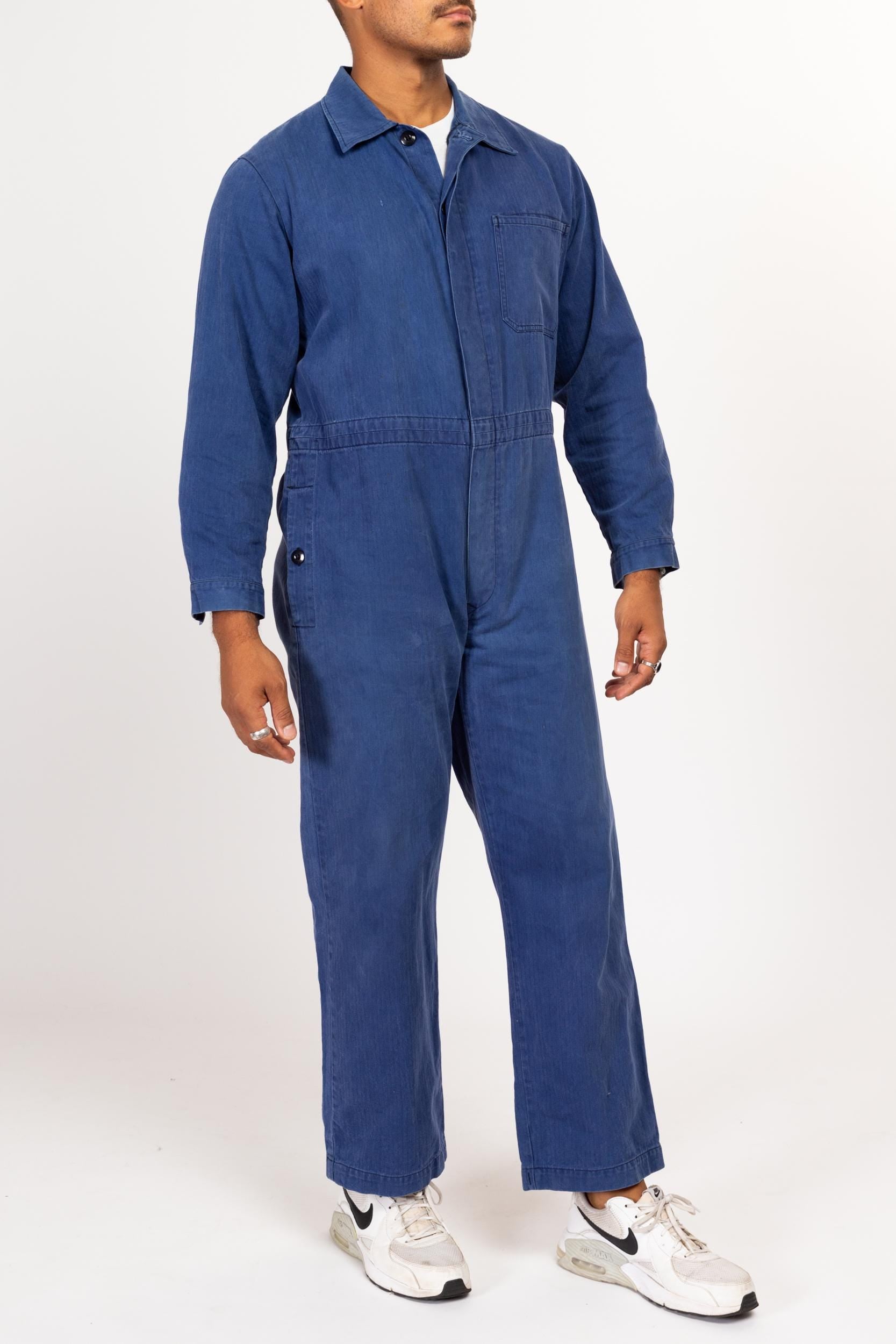 Medium Short 80s Blue Cotton Twill Workwear Coveralls | Vintage Indigo German Military Uniform Jumpsuit