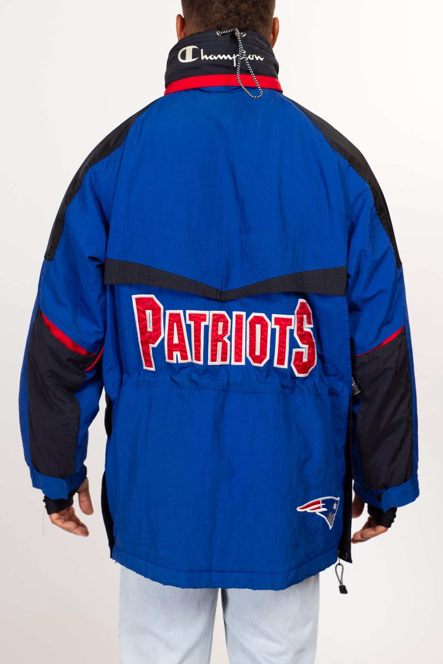 Large Y2K New England Patriots Champion Jacket | Vintage NFL Football Hooded Winter Coat