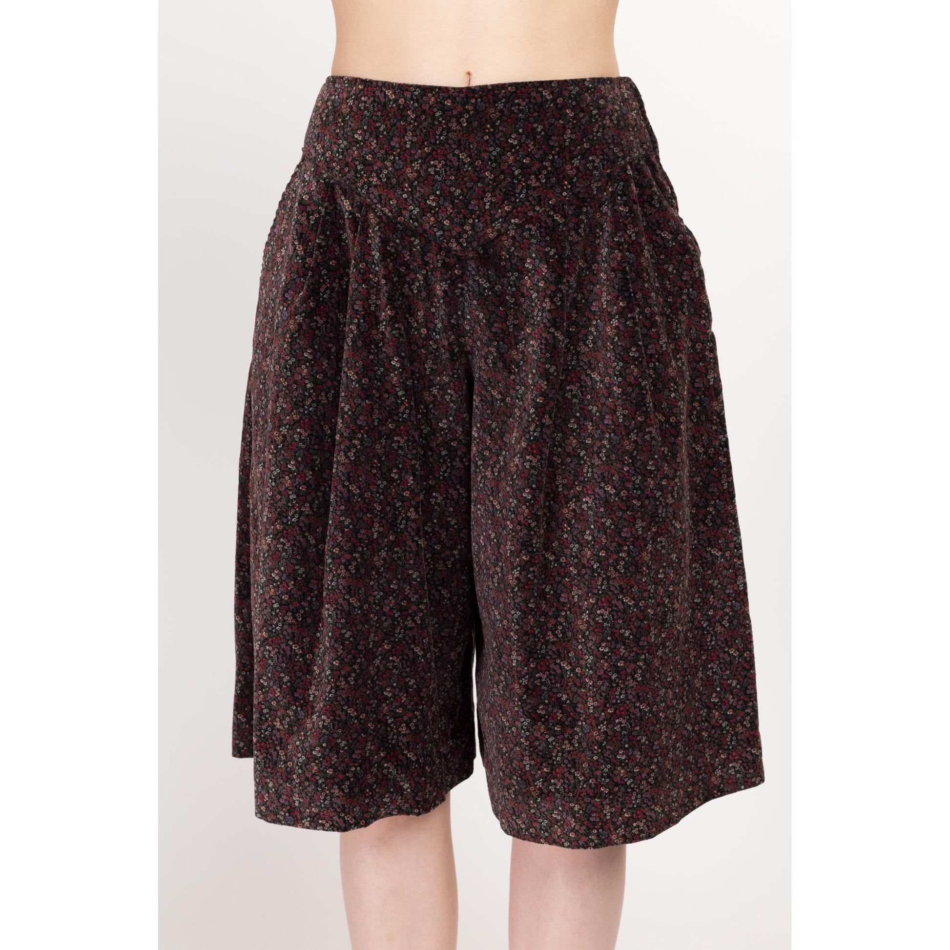 XS 70s Dark Floral Velvet Shorts 25" | Vintage Pleated Wide Leg Culottes