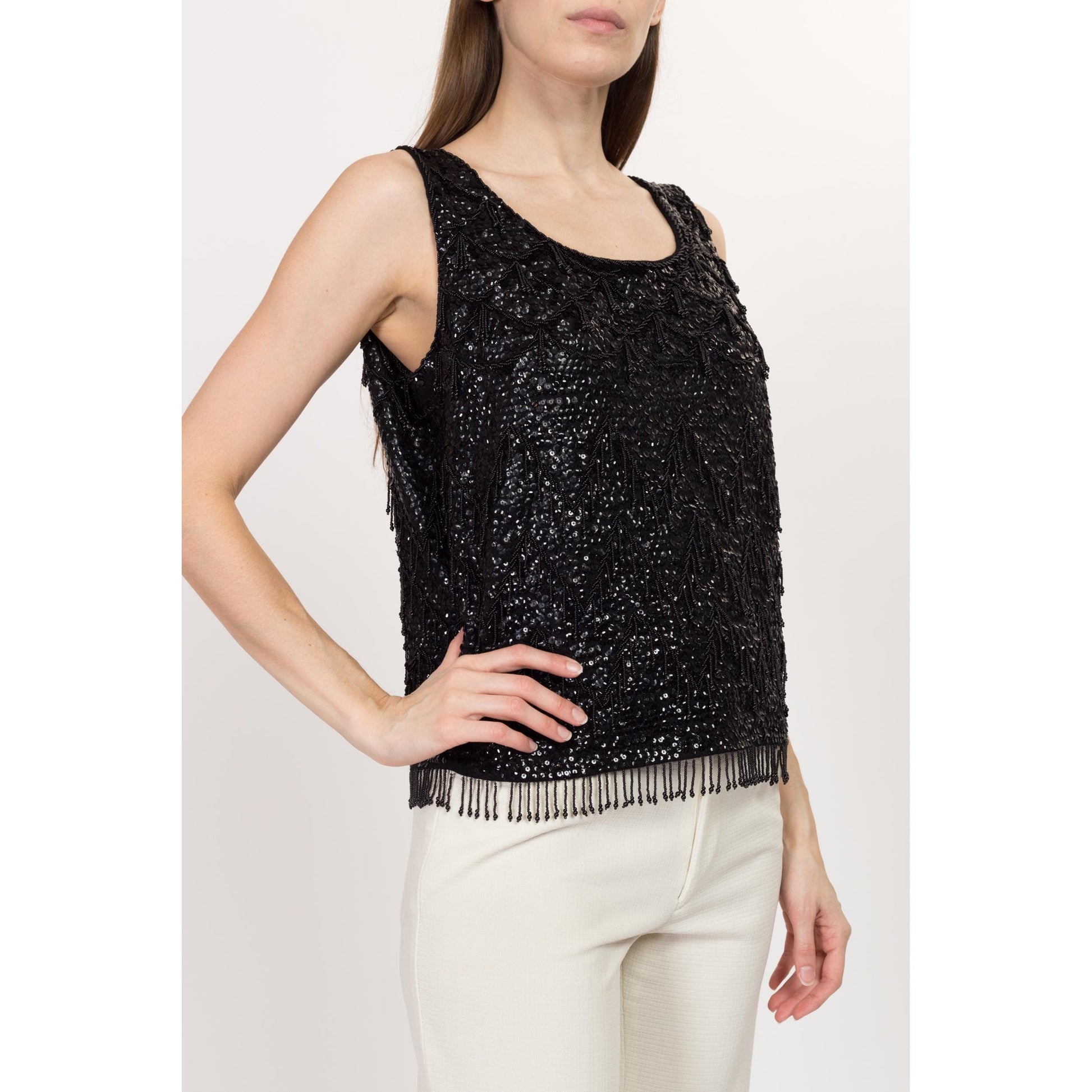 Medium 1950s Black Beaded Tassel Fringe Top | Retro Vintage 50s 60s Glam Sequin Sleeveless Tank