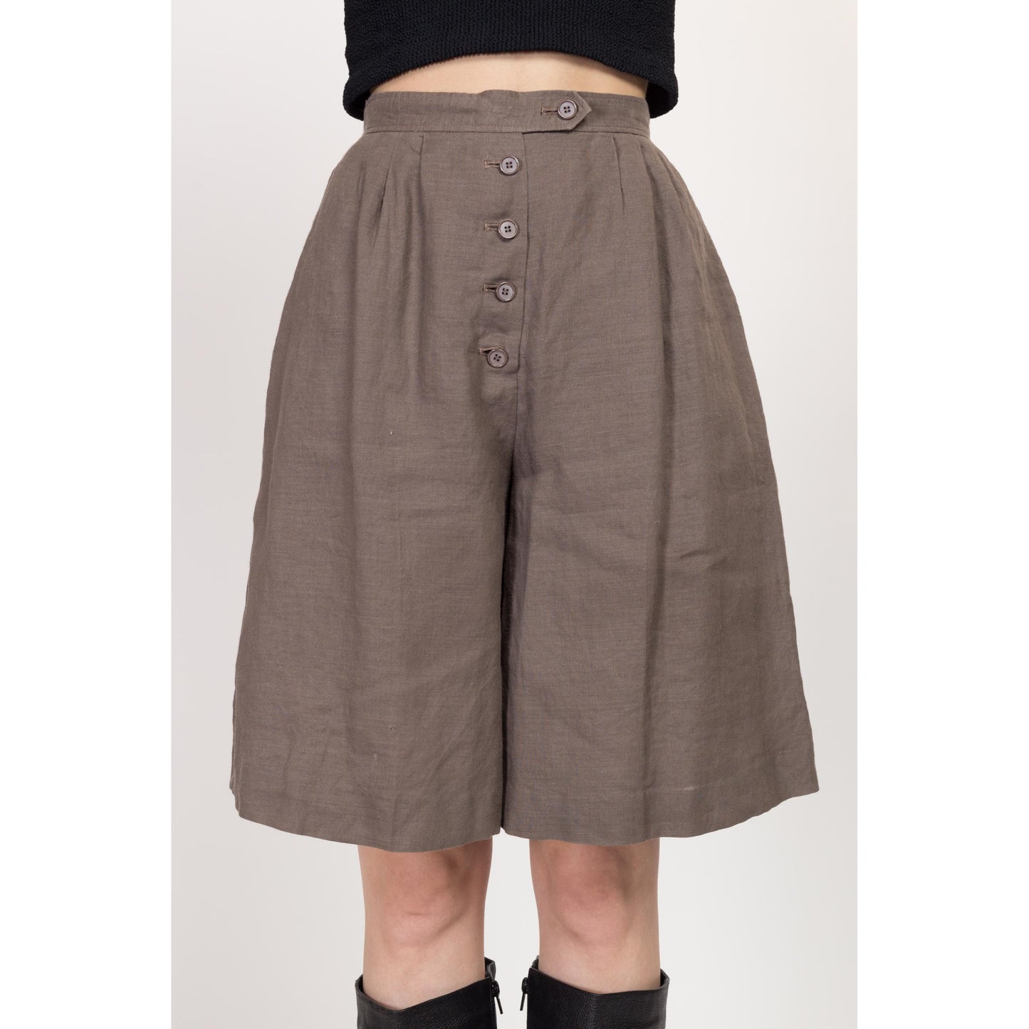 XS 80s Taupe Linen Pleated Shorts 24" | Vintage High Waist Wide Leg Casual Shorts