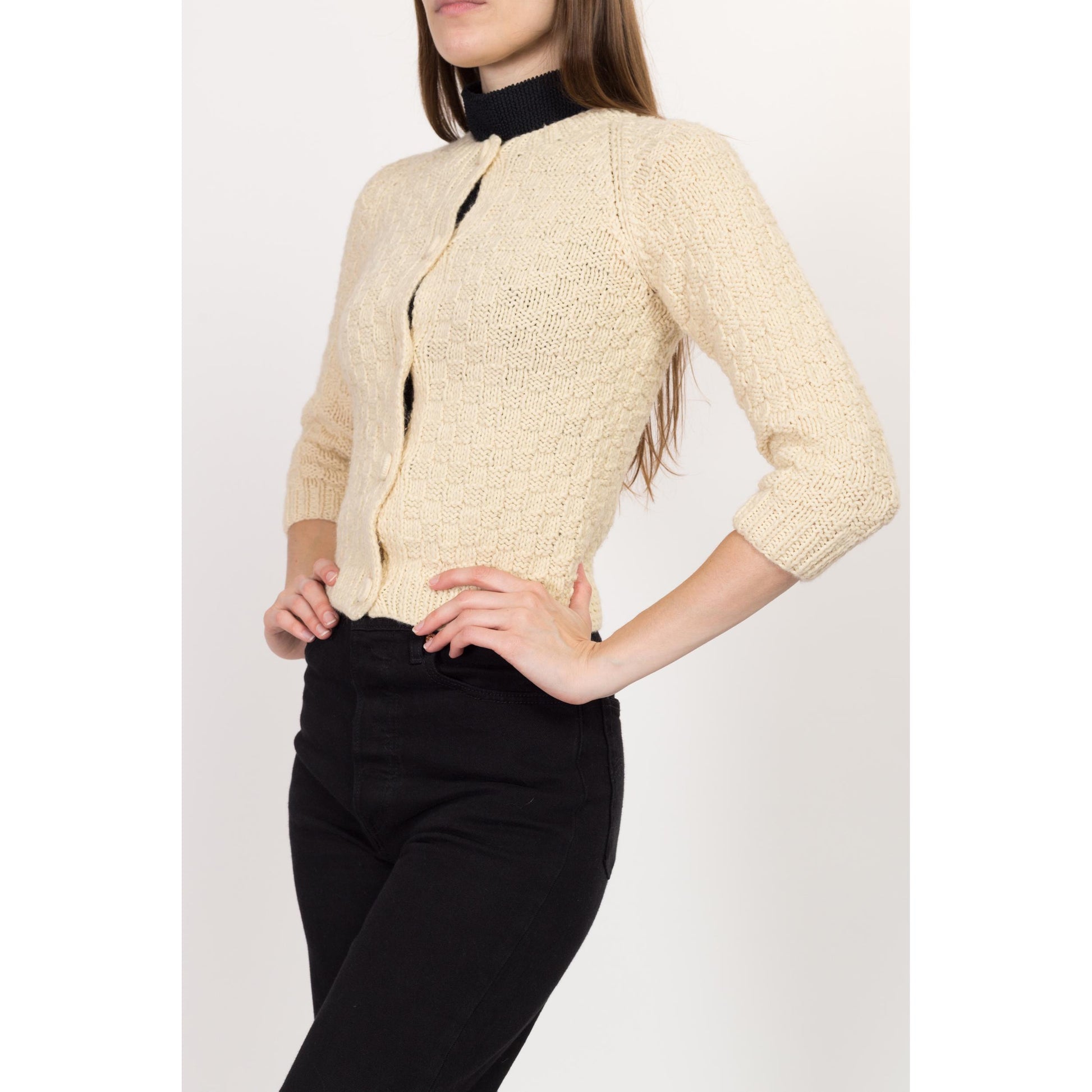 XXS 70s Cream Knit Cropped Cardigan | Vintage 3/4 Sleeve Button Up Crop Sweater