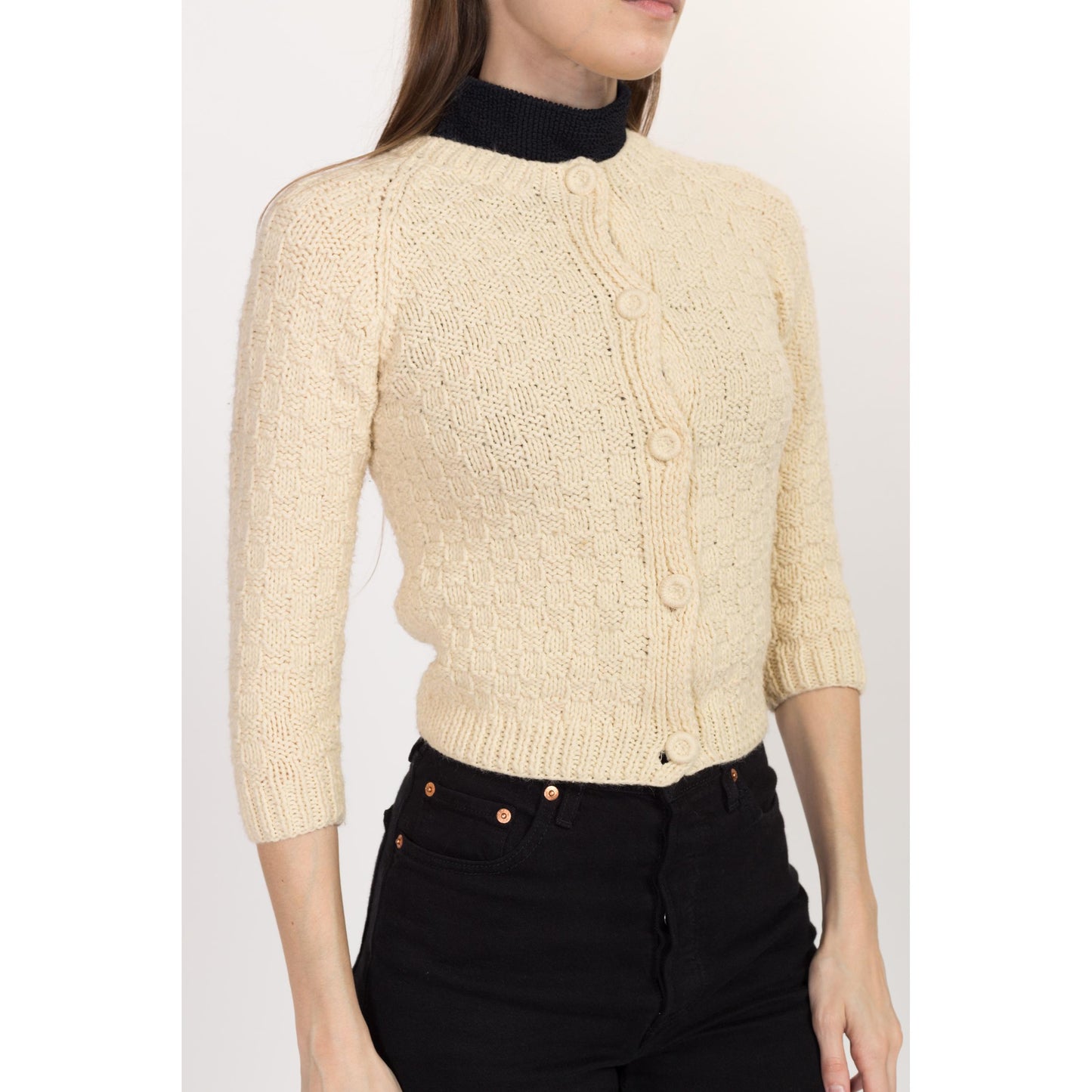 XXS 70s Cream Knit Cropped Cardigan | Vintage 3/4 Sleeve Button Up Crop Sweater