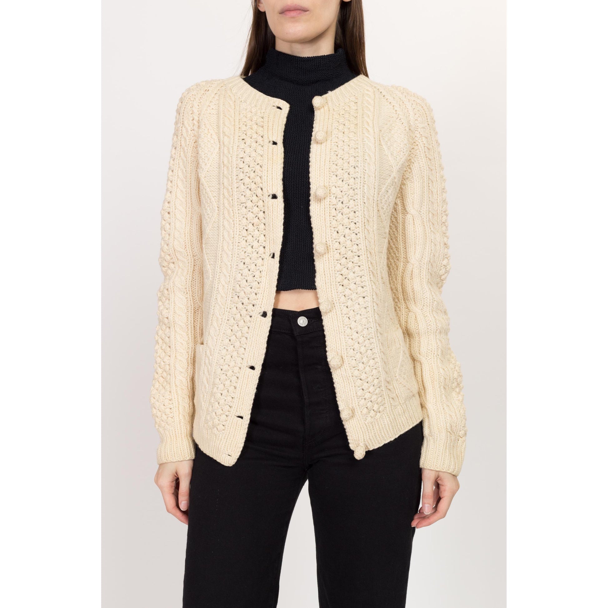 Medium 70s Cream Wool Cable Knit Bauble Button Cardigan | Vintage Button Up Pocket Fisherman Sweater