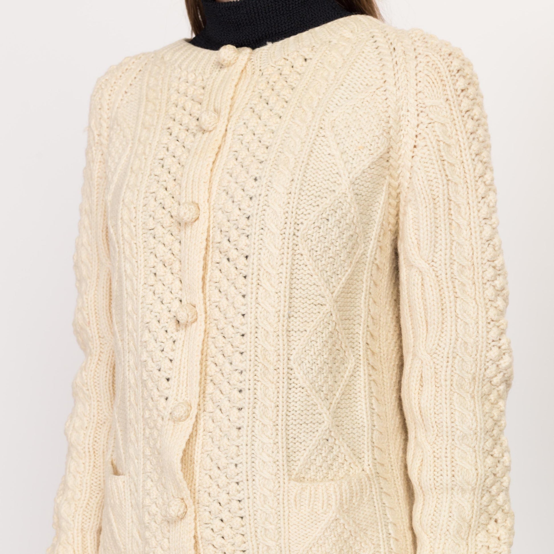 Medium 70s Cream Wool Cable Knit Bauble Button Cardigan | Vintage Button Up Pocket Fisherman Sweater