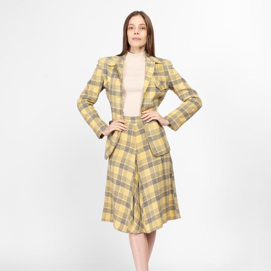 Medium 1940s Yellow & Grey Plaid Wool Skirt Suit Set | Vintage 40s Matching Two Piece Blazer Outfit