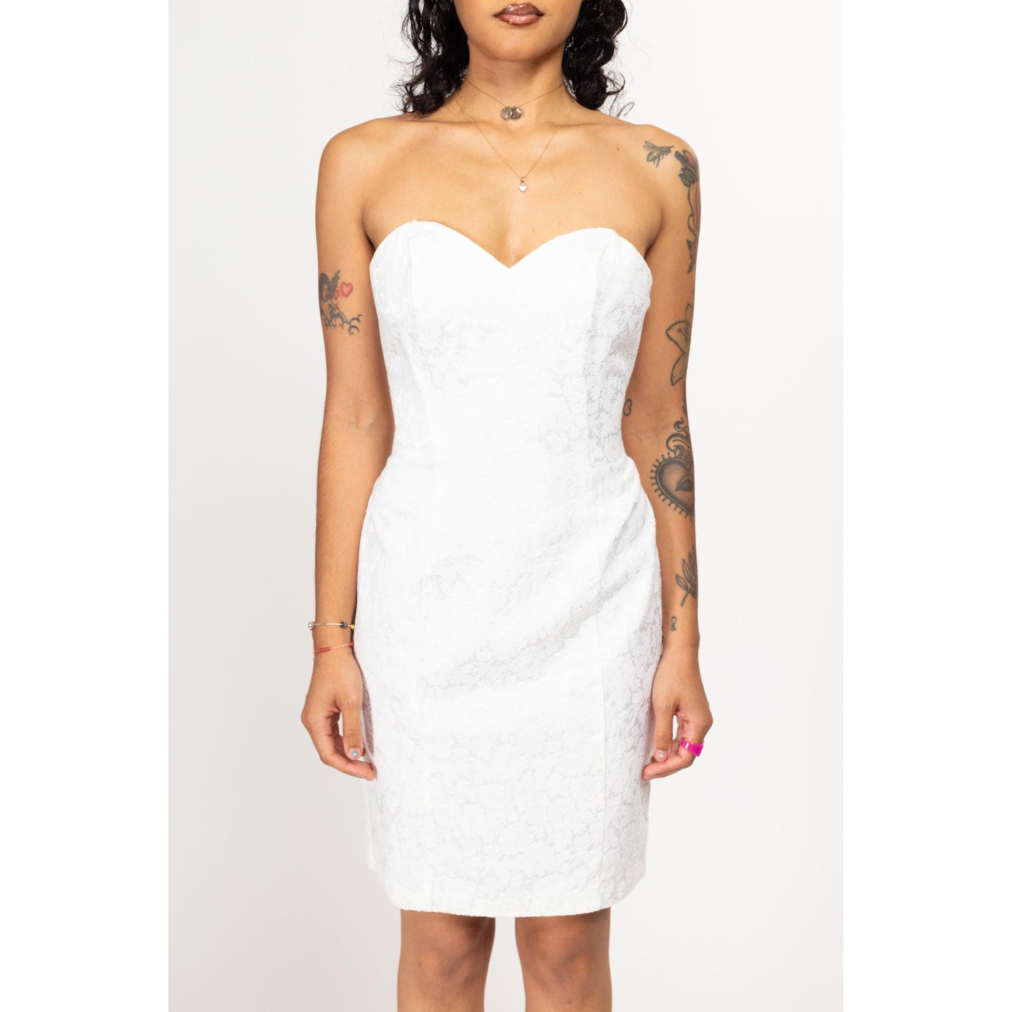 Medium 80s White Jacquard Strapless Mini Dress | Vintage Sweetheart Neck Fitted Cocktail Party Dress