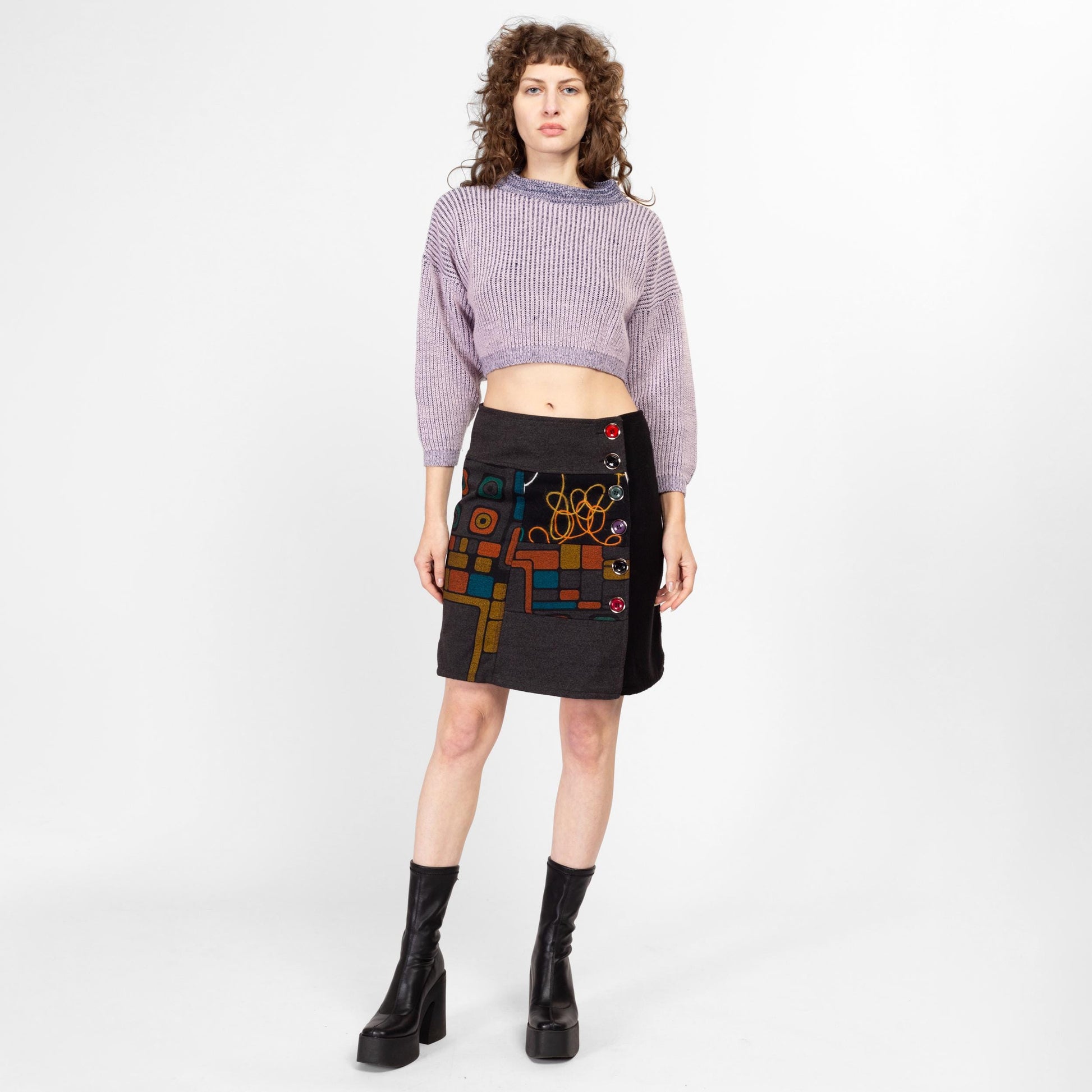 Medium Y2K Boho Graphic Soft Knit Mid Rise Mini Skirt | Vintage Wool Blend Button Front A Line Skirt