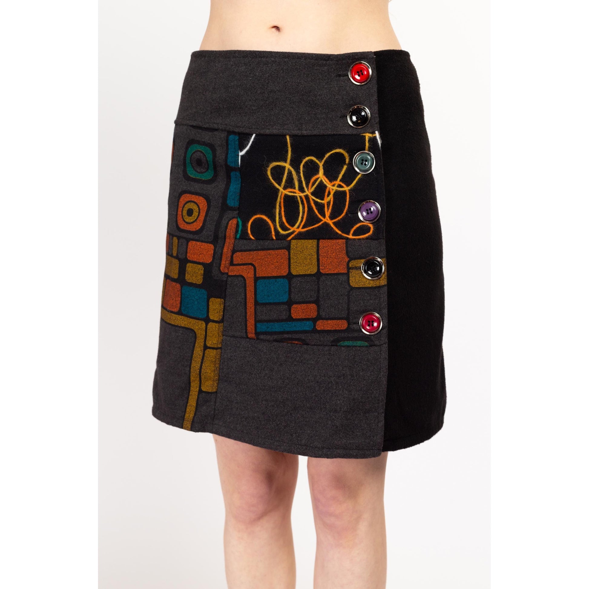 Medium Y2K Boho Graphic Soft Knit Mid Rise Mini Skirt | Vintage Wool Blend Button Front A Line Skirt