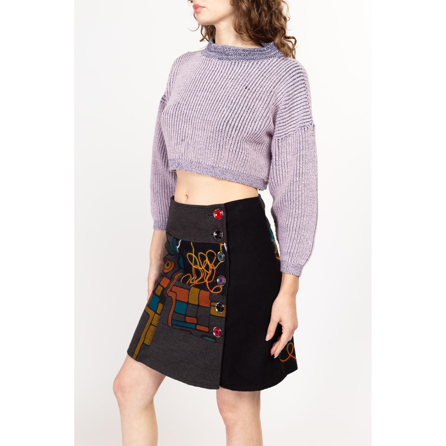 Medium Y2K Boho Graphic Soft Knit Mid Rise Mini Skirt | Vintage Wool Blend Button Front A Line Skirt